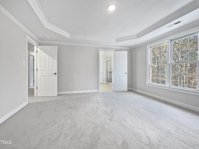 carpeted empty room featuring a tray ceiling and ornamental molding