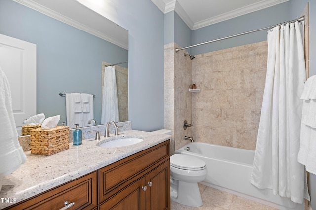 full bathroom with shower / tub combo with curtain, crown molding, tile patterned flooring, vanity, and toilet