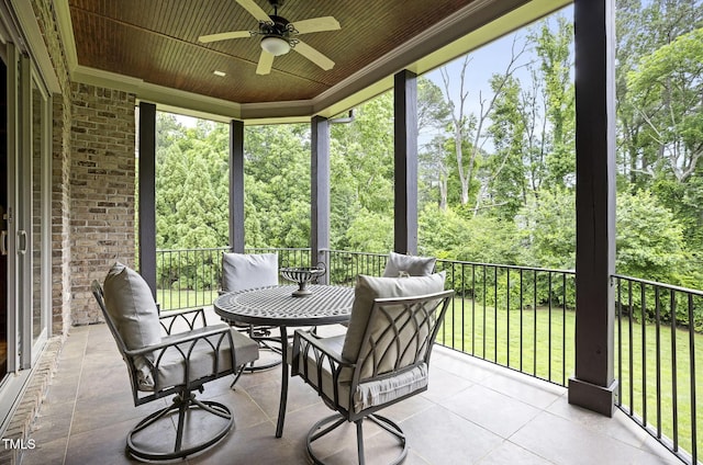 sunroom with wood ceiling and ceiling fan