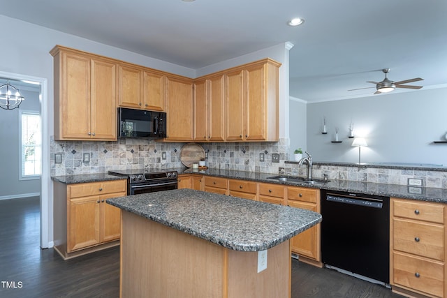 kitchen with sink, backsplash, dark hardwood / wood-style floors, black appliances, and a kitchen island