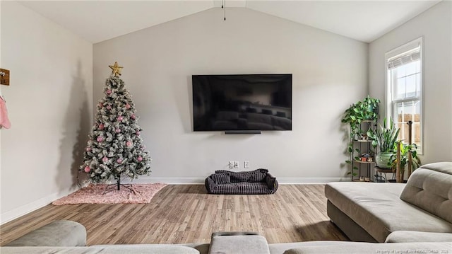 living room with vaulted ceiling and hardwood / wood-style flooring