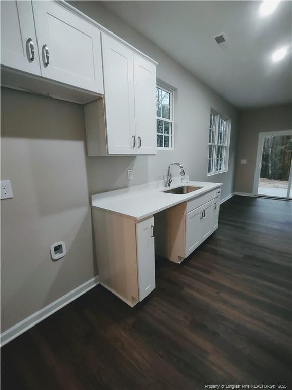 kitchen featuring dark hardwood / wood-style flooring, white cabinetry, and sink