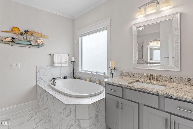 bathroom with a relaxing tiled tub, ornamental molding, and vanity