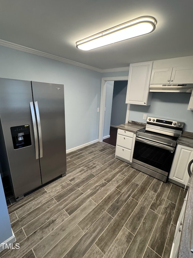 kitchen featuring stainless steel appliances, ornamental molding, wood tiled floor, white cabinets, and under cabinet range hood