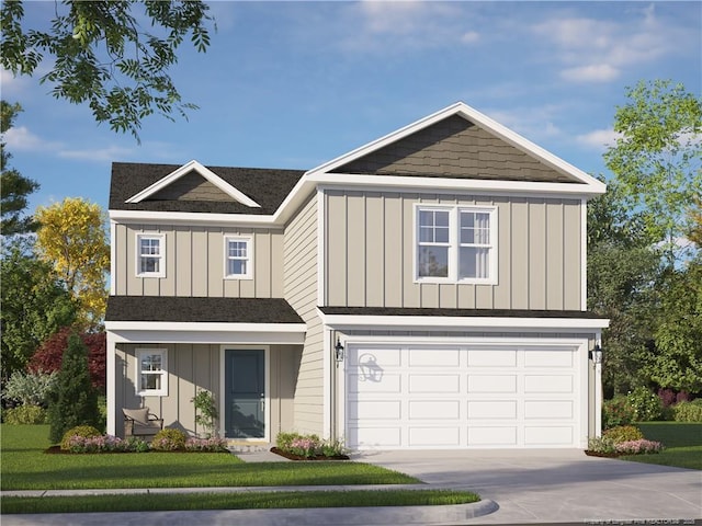 view of front facade featuring driveway, a front lawn, board and batten siding, and an attached garage