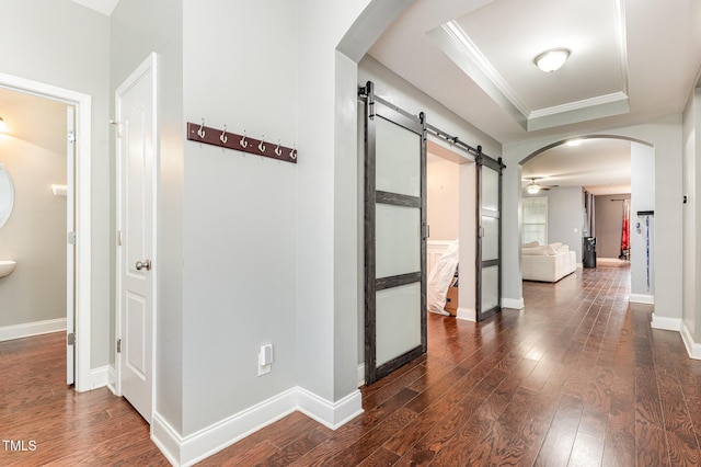 corridor featuring a tray ceiling, a barn door, dark wood-type flooring, and ornamental molding