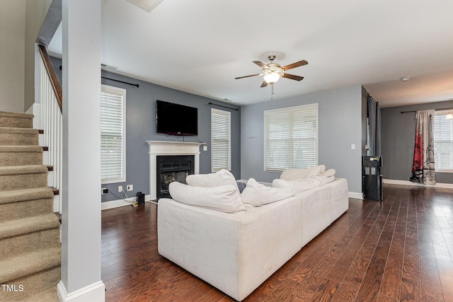 living room with ceiling fan and dark wood-type flooring