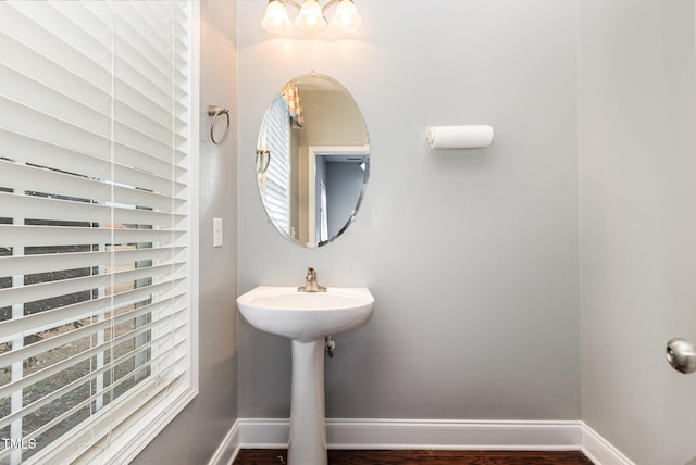 bathroom with plenty of natural light and hardwood / wood-style floors