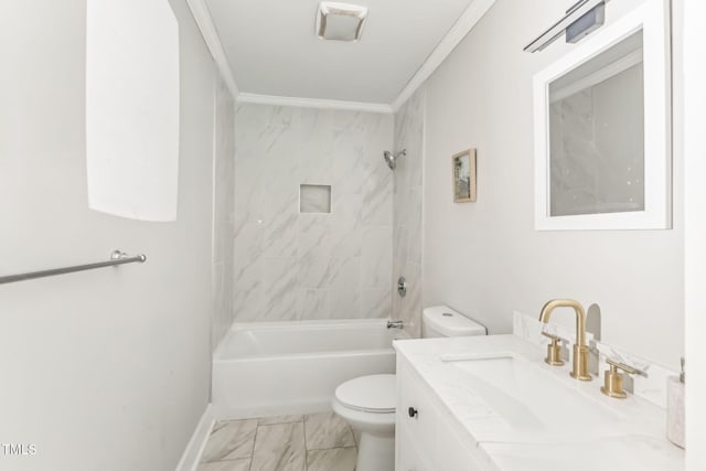 full bathroom with vanity, toilet, tiled shower / bath, and ornamental molding