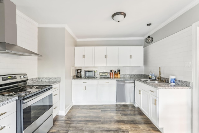 kitchen with white cabinetry, sink, wall chimney exhaust hood, stainless steel appliances, and dark hardwood / wood-style flooring