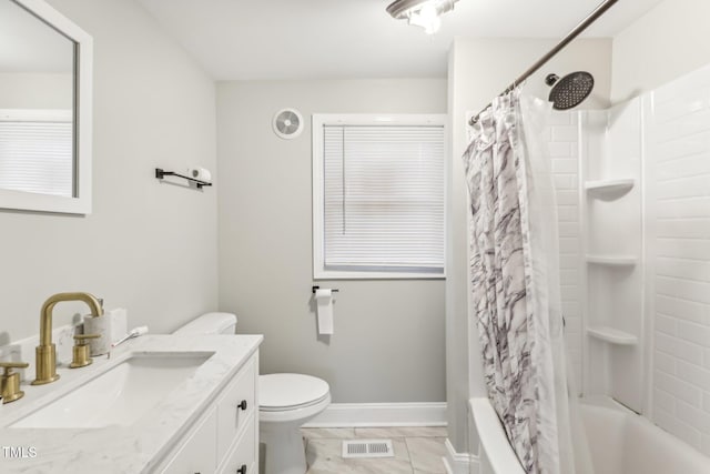 full bathroom featuring tile patterned flooring, vanity, shower / bath combination with curtain, and toilet