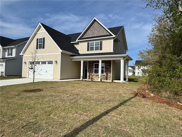 view of front of property featuring concrete driveway, a porch, board and batten siding, and a front lawn