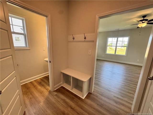 mudroom featuring dark wood-style flooring, baseboards, and ceiling fan