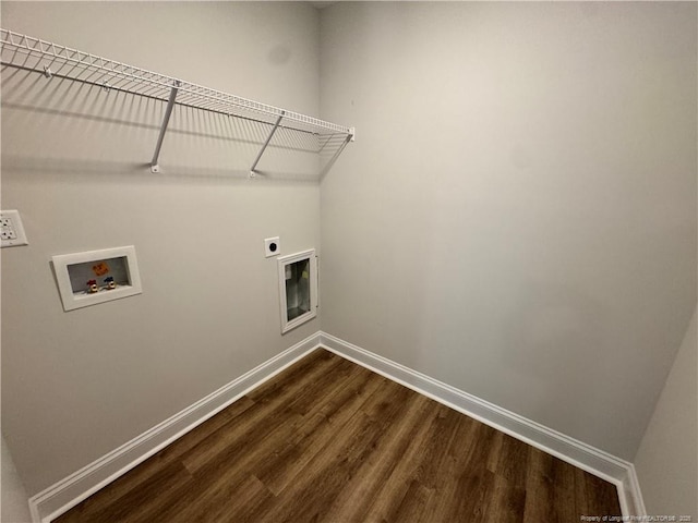 washroom with electric dryer hookup, baseboards, dark wood-type flooring, laundry area, and hookup for a washing machine