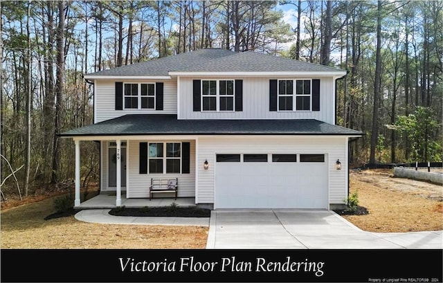 view of front facade featuring a porch and a garage