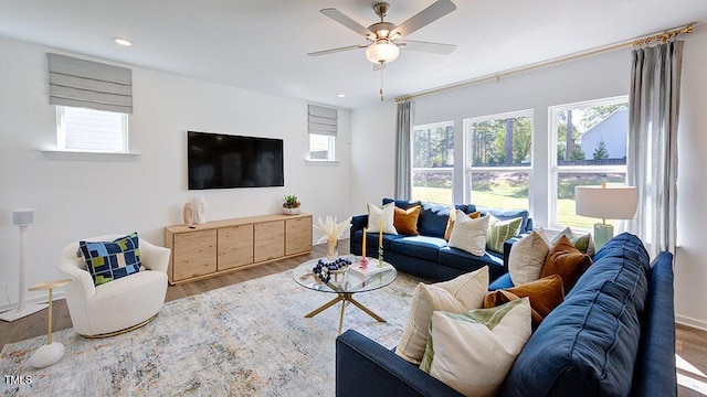 living room with hardwood / wood-style flooring and ceiling fan