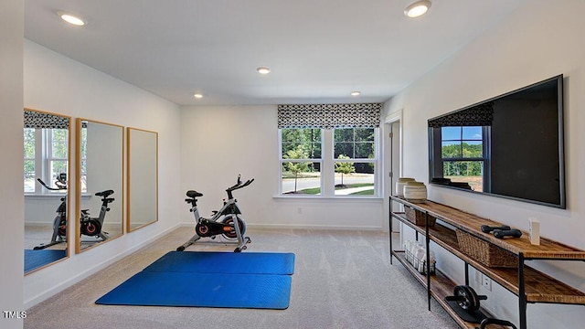 exercise room featuring light carpet