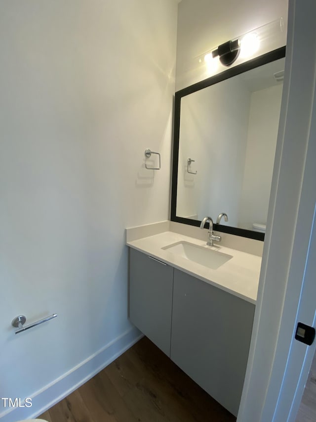 bathroom with hardwood / wood-style floors and vanity