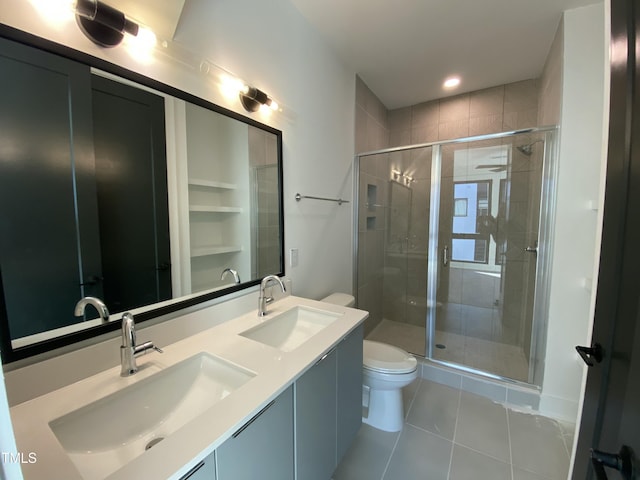 bathroom featuring tile patterned flooring, vanity, a shower with door, and toilet