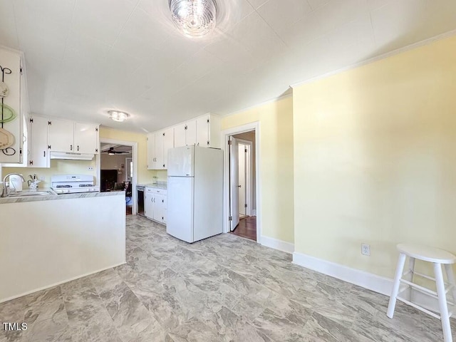 kitchen featuring white cabinets, white refrigerator, stove, and sink