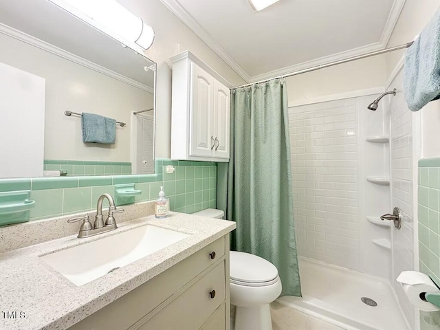 bathroom with a shower with curtain, toilet, ornamental molding, and tile walls