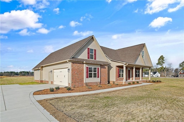 view of home's exterior with a garage, a lawn, concrete driveway, and brick siding