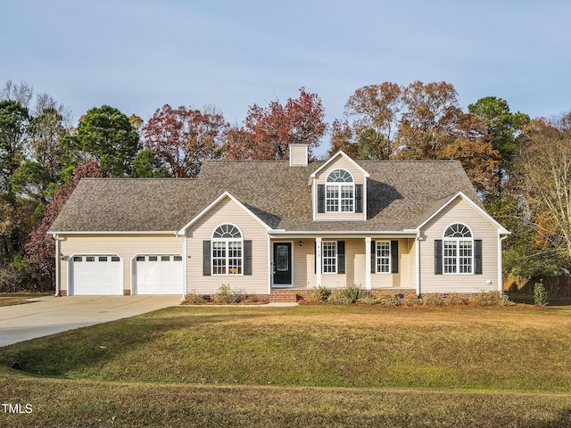 cape cod-style house with a front lawn and a garage