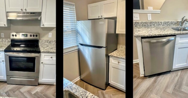 kitchen featuring appliances with stainless steel finishes, sink, white cabinets, and light stone counters