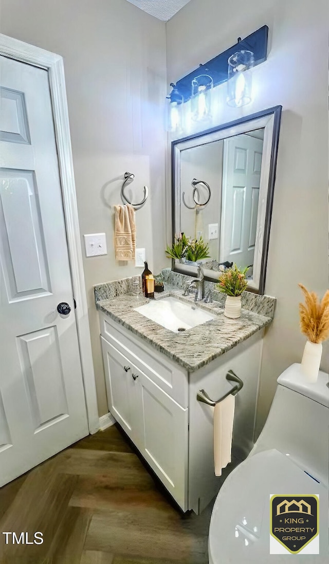 bathroom with vanity, parquet floors, and toilet