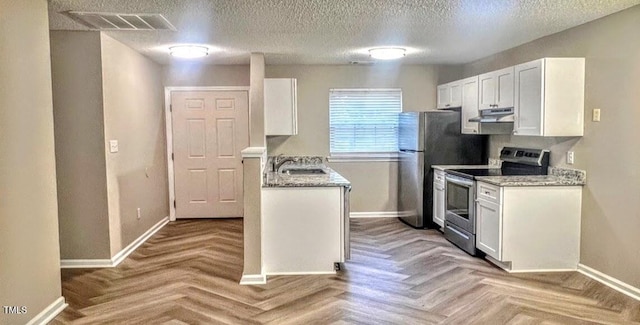 kitchen featuring white cabinetry, light parquet flooring, light stone countertops, and electric range