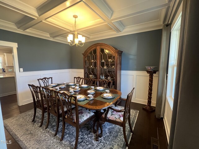 dining area featuring beam ceiling, coffered ceiling, a chandelier, and dark hardwood / wood-style floors