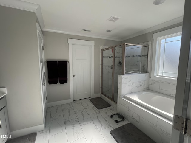 bathroom featuring crown molding, vanity, and shower with separate bathtub