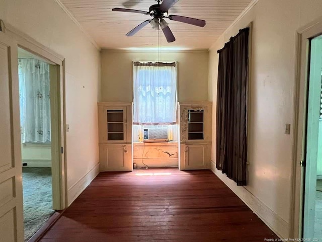 hall with dark hardwood / wood-style floors, cooling unit, and crown molding