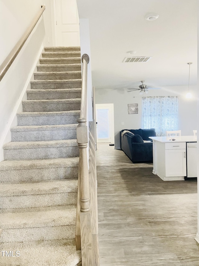 stairway featuring ceiling fan and wood-type flooring