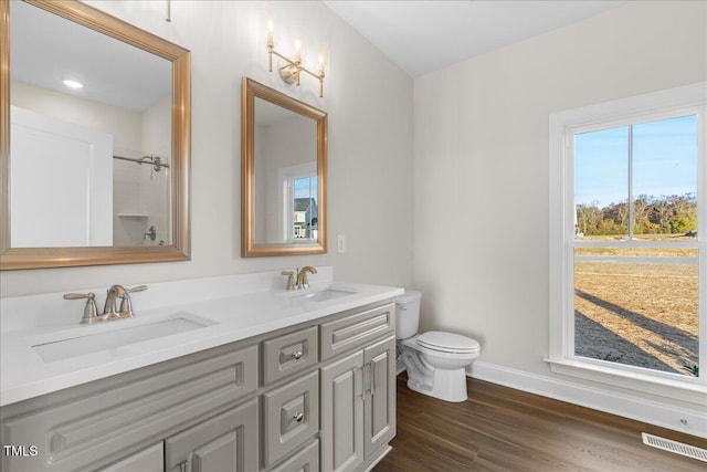 bathroom with a shower, vanity, wood-type flooring, and toilet