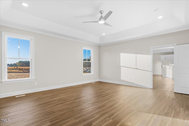 spare room featuring a tray ceiling, ceiling fan, and light wood-type flooring