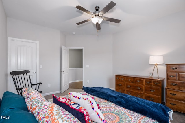 bedroom with ceiling fan and carpet