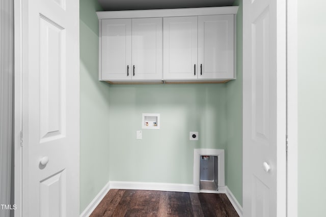 laundry area with electric dryer hookup, dark hardwood / wood-style floors, cabinets, and hookup for a washing machine