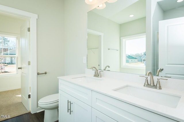 full bath with toilet, double vanity, baseboards, and a sink