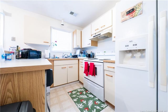 kitchen with white cabinetry, sink, and white appliances