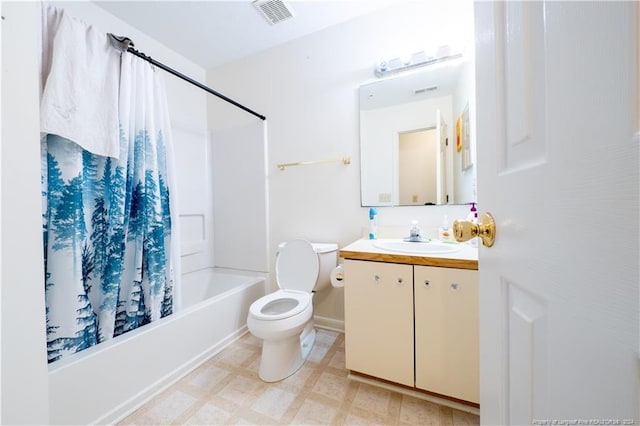 full bathroom with vanity, toilet, and shower / bathtub combination with curtain