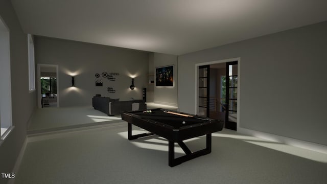 recreation room with carpet and pool table