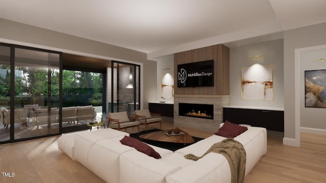 living room with light wood-type flooring and a fireplace