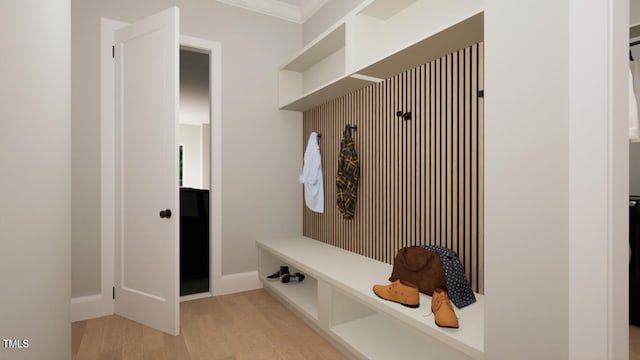 mudroom featuring light hardwood / wood-style flooring and ornamental molding