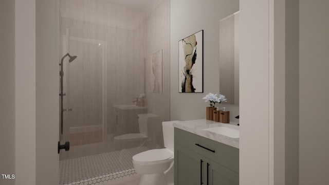 bathroom with a shower, tile patterned flooring, vanity, and toilet