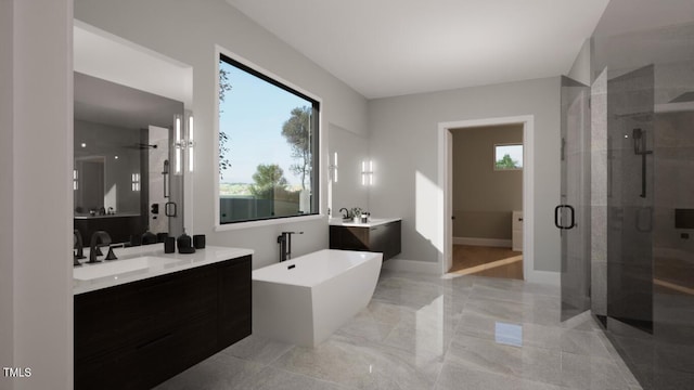 bathroom featuring vanity and shower with separate bathtub