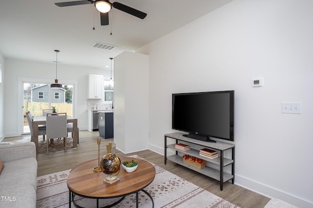 living room with ceiling fan and light hardwood / wood-style flooring