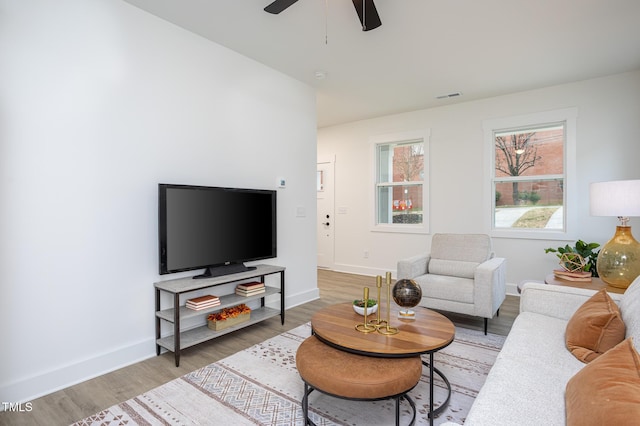 living room with ceiling fan and wood-type flooring