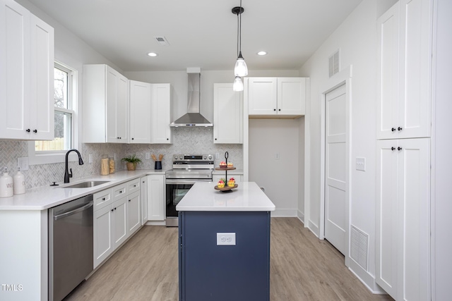 kitchen featuring wall chimney exhaust hood, sink, a kitchen island, stainless steel appliances, and white cabinets