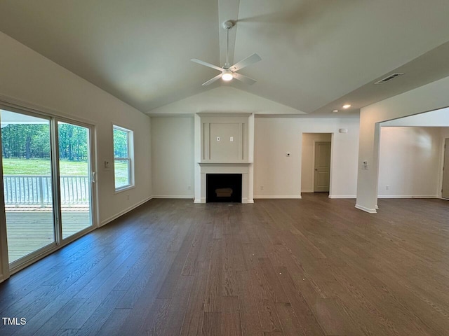 19 Covey Rise Way, Lillington, NC 27546 - unfurnished living room featuring a fireplace, a ceiling fan, dark wood finished floors, lofted ceiling, and recessed lighting